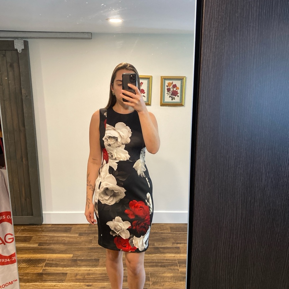 Calvin Klein Collection Black and Red Sheath Midi Dress